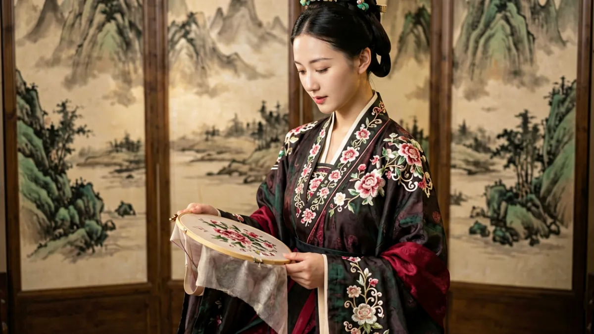 御梦子《绣线》国风作品画面，展示传统服装与绣花道具在精致布景中的细节特写